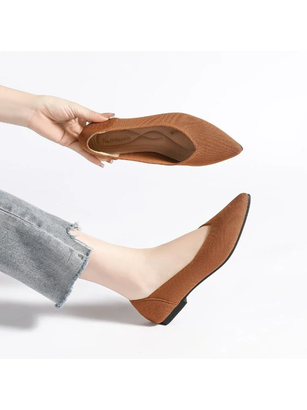 Women's Brown Ballet Flats Pointed Toe Comfortable Knit Slip Casual Shoes